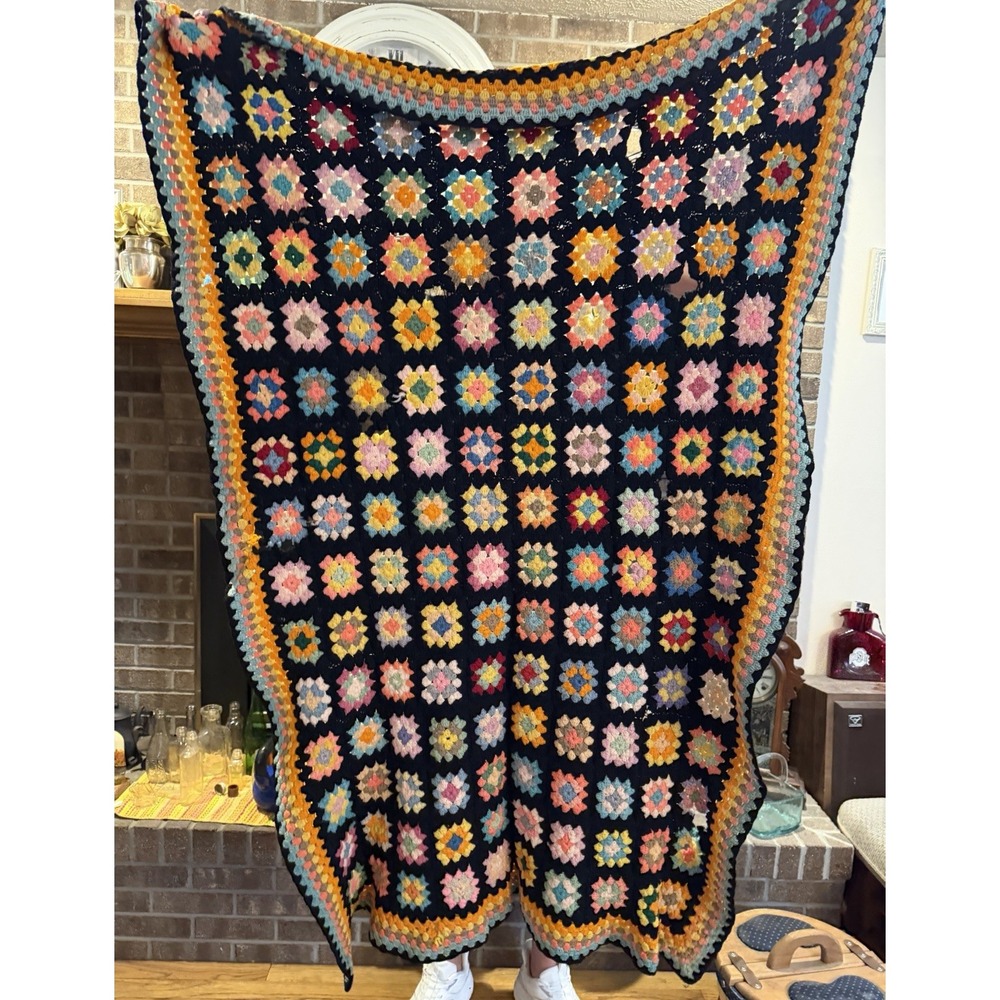 🧶🌼 Handmade Granny Square Afghan – Damaged / Needs Repairs – 60" x 40" 🌼🧶
